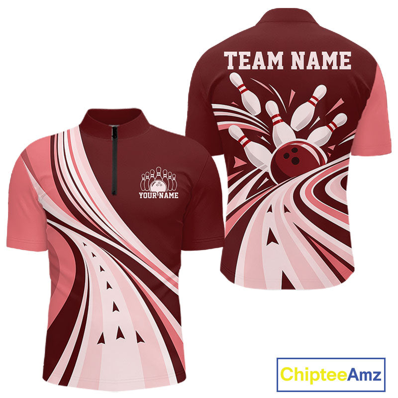 Custom Burgundy Red Classic Retro Bowling Team Men Quarter Zip Shirt, Bowling League Shirt IPHW12369