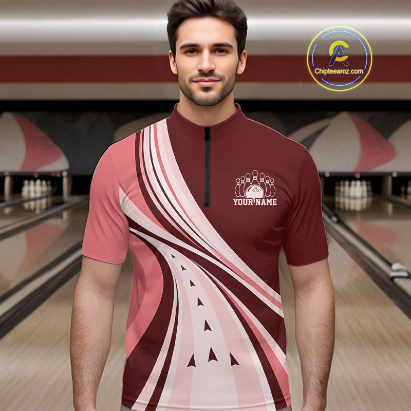 Custom Burgundy Red Classic Retro Bowling Team Men Quarter Zip Shirt, Bowling League Shirt IPHW12369