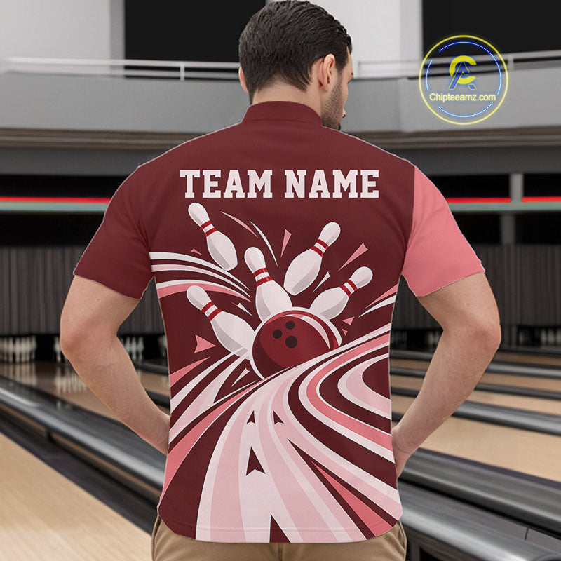 Custom Burgundy Red Classic Retro Bowling Team Men Quarter Zip Shirt, Bowling League Shirt IPHW12369