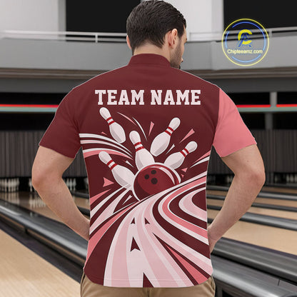 Custom Burgundy Red Classic Retro Bowling Team Men Quarter Zip Shirt, Bowling League Shirt IPHW12369