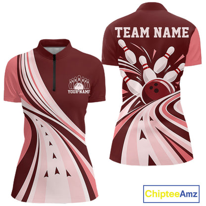 Custom Burgundy Red Classic Retro Bowling Women Quarter-Zip Shirt, Bowling League Shirt IPHW12369