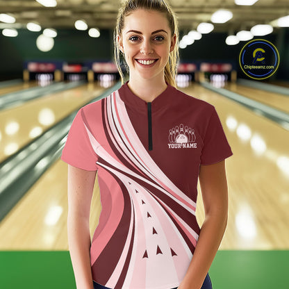 Custom Burgundy Red Classic Retro Bowling Women Quarter-Zip Shirt, Bowling League Shirt IPHW12369
