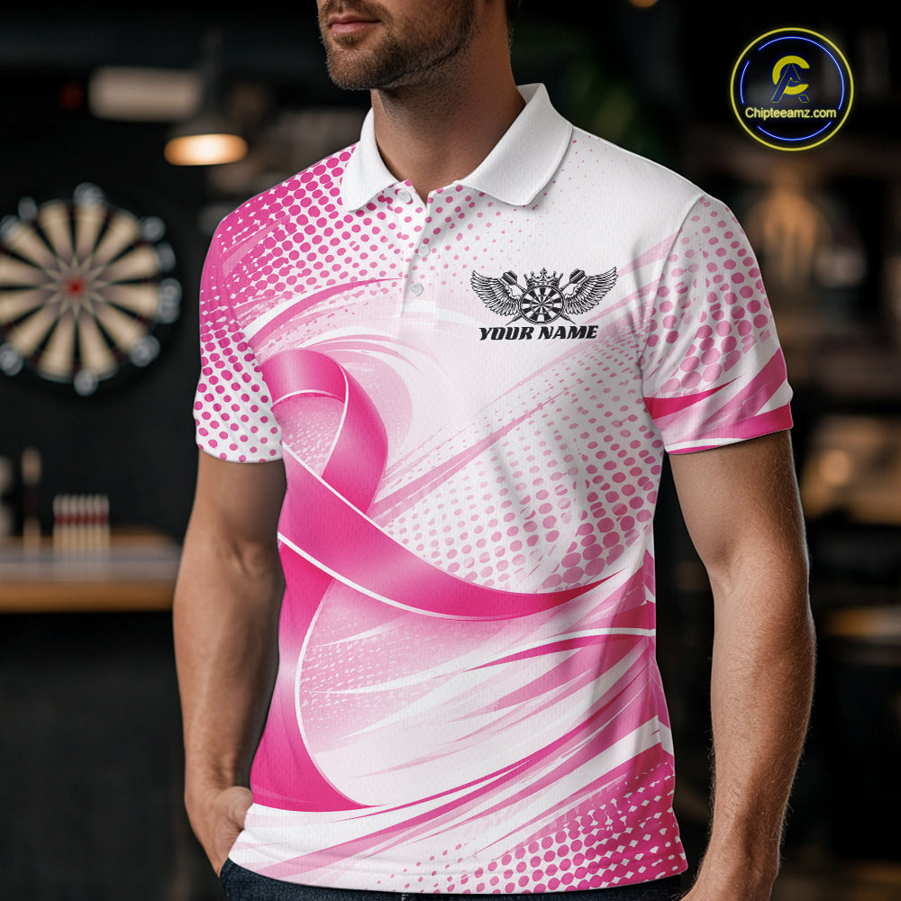 Custom Breast Cancer Awareness Pink Ribbon Dart Men Polo Team Shirt, Dart Jersey IPHW12106