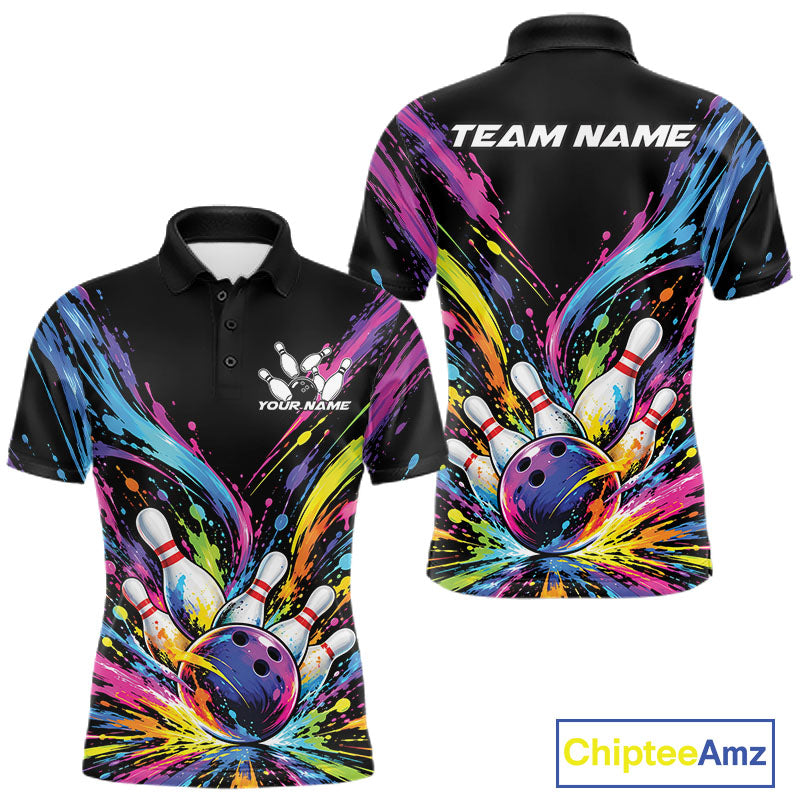 Custom Colorful Splatter Men Polo Bowling Shirt, Bowling League Matching Team Shirt IPHW12397