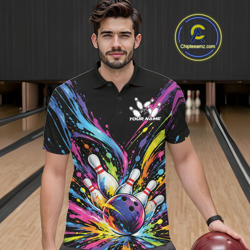 Custom Colorful Splatter Men Polo Bowling Shirt, Bowling League Matching Team Shirt IPHW12397