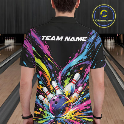 Custom Colorful Splatter Men Polo Bowling Shirt, Bowling League Matching Team Shirt IPHW12397