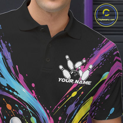 Custom Colorful Splatter Men Polo Bowling Shirt, Bowling League Matching Team Shirt IPHW12397