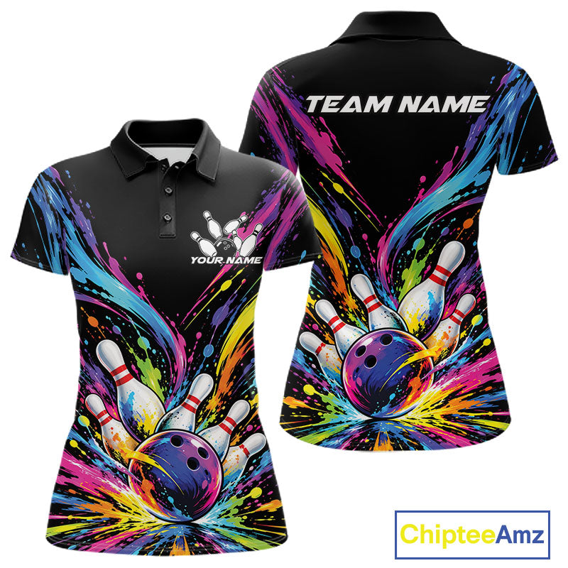 Custom Colorful Splatter Women Polo Bowling Shirt, Bowling League Matching Team Shirt IPHW12397