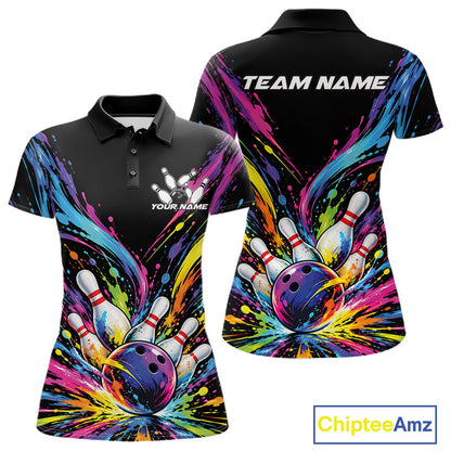 Custom Colorful Splatter Women Polo Bowling Shirt, Bowling League Matching Team Shirt IPHW12397