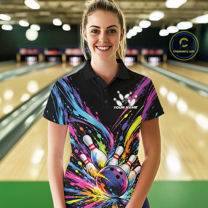 Custom Colorful Splatter Women Polo Bowling Shirt, Bowling League Matching Team Shirt IPHW12397