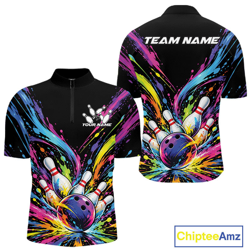 Custom Colorful Splatter Men Quarter Zip Bowling Shirt, Bowling League Matching Team Shirt IPHW12397