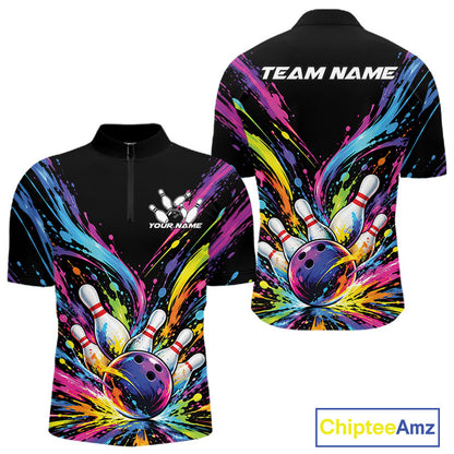 Custom Colorful Splatter Men Quarter Zip Bowling Shirt, Bowling League Matching Team Shirt IPHW12397