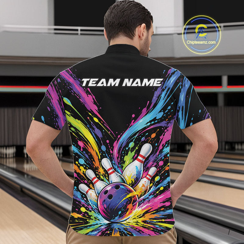 Custom Colorful Splatter Men Quarter Zip Bowling Shirt, Bowling League Matching Team Shirt IPHW12397