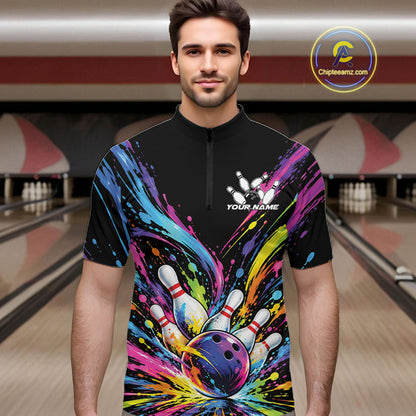 Custom Colorful Splatter Men Quarter Zip Bowling Shirt, Bowling League Matching Team Shirt IPHW12397