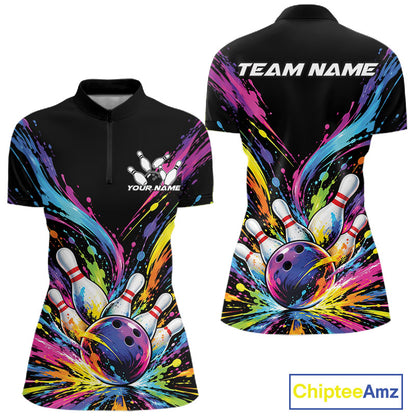 Custom Colorful Splatter Women Quarter-Zip Bowling Shirt, Bowling League Team Shirt IPHW12397