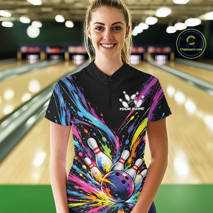 Custom Colorful Splatter Women Quarter-Zip Bowling Shirt, Bowling League Team Shirt IPHW12397