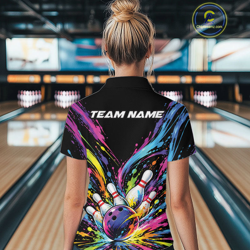Custom Colorful Splatter Women Quarter-Zip Bowling Shirt, Bowling League Team Shirt IPHW12397