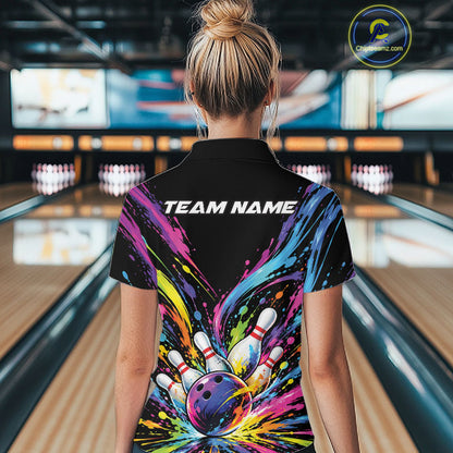 Custom Colorful Splatter Women Quarter-Zip Bowling Shirt, Bowling League Team Shirt IPHW12397