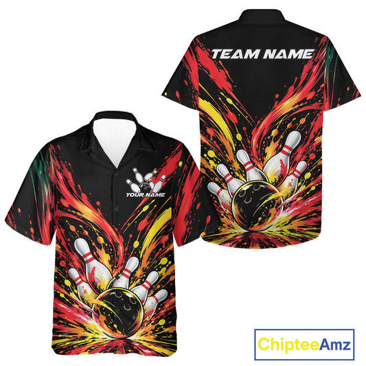 Custom Red Orange Splatter Men And Women Button Up Bowling Shirt, Bowling League Matching Team Shirt IPHW12398