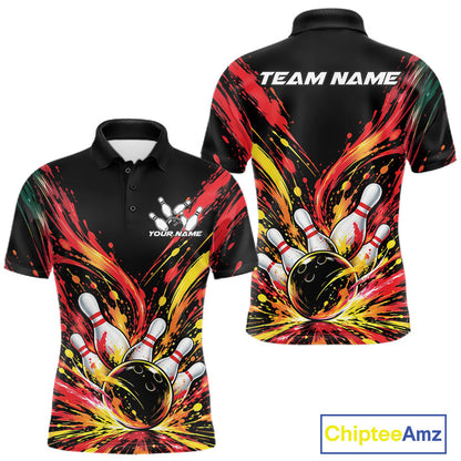 Custom Red Orange Splatter Men Polo Bowling Shirt, Bowling League Matching Team Shirt IPHW12398