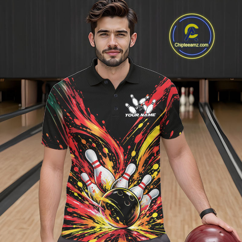 Custom Red Orange Splatter Men Polo Bowling Shirt, Bowling League Matching Team Shirt IPHW12398