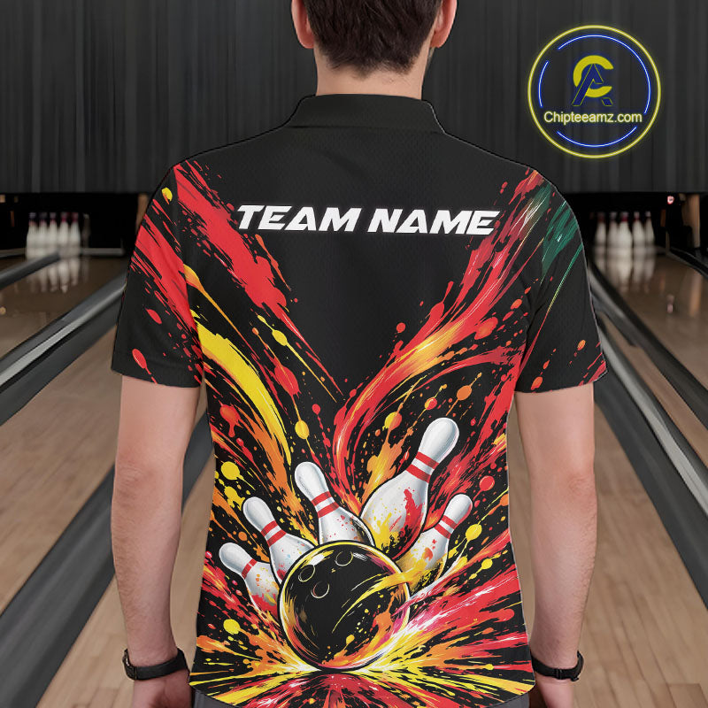 Custom Red Orange Splatter Men Polo Bowling Shirt, Bowling League Matching Team Shirt IPHW12398