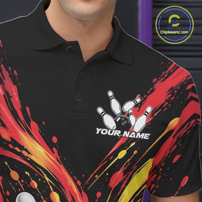 Custom Red Orange Splatter Men Polo Bowling Shirt, Bowling League Matching Team Shirt IPHW12398