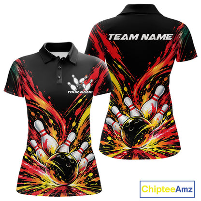 Custom Red Orange Splatter Women Polo Bowling Shirt, Bowling League Matching Team Shirt IPHW12398