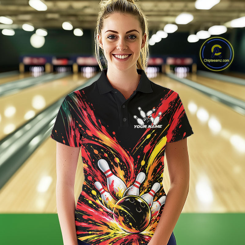 Custom Red Orange Splatter Women Polo Bowling Shirt, Bowling League Matching Team Shirt IPHW12398