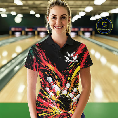 Custom Red Orange Splatter Women Polo Bowling Shirt, Bowling League Matching Team Shirt IPHW12398