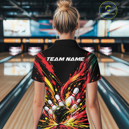 Custom Red Orange Splatter Women Polo Bowling Shirt, Bowling League Matching Team Shirt IPHW12398
