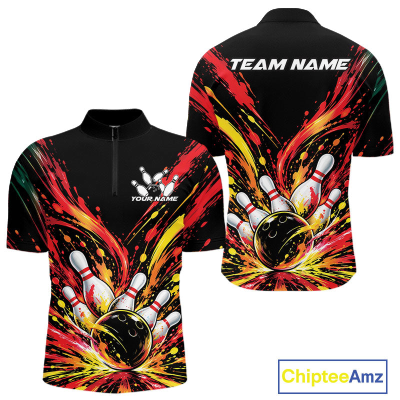 Custom Red Orange Splatter Men Quarter Zip Bowling Shirt, Bowling League Matching Team Shirt IPHW12398