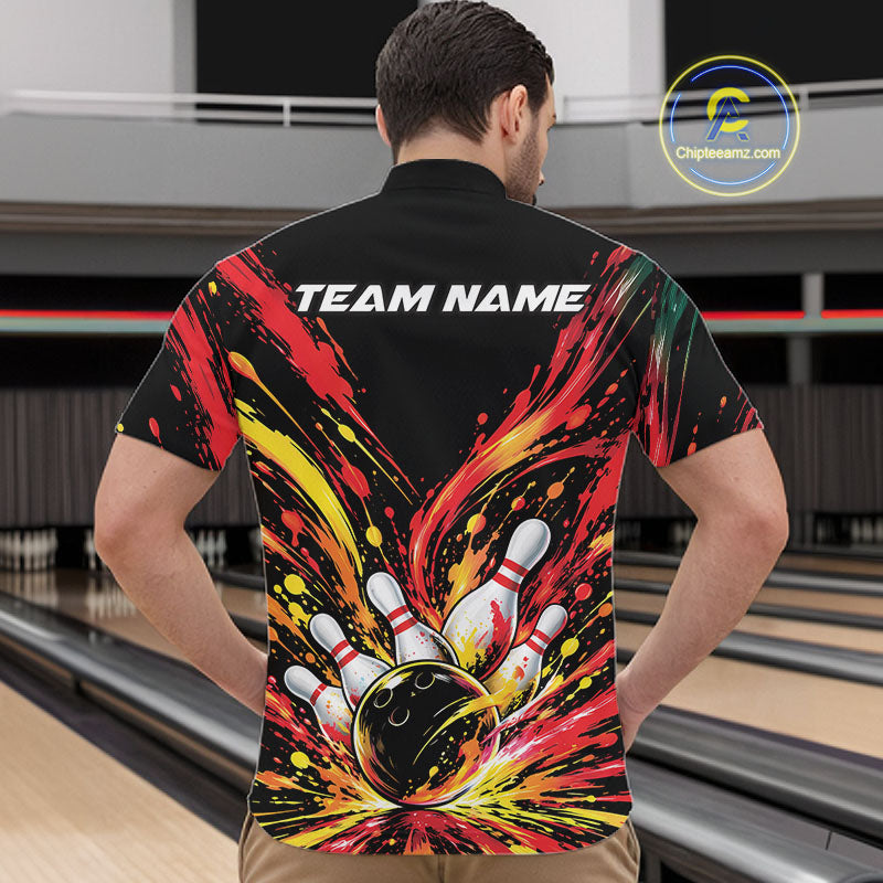 Custom Red Orange Splatter Men Quarter Zip Bowling Shirt, Bowling League Matching Team Shirt IPHW12398