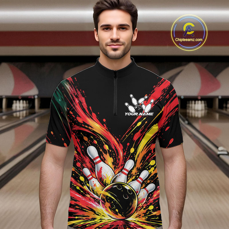 Custom Red Orange Splatter Men Quarter Zip Bowling Shirt, Bowling League Matching Team Shirt IPHW12398