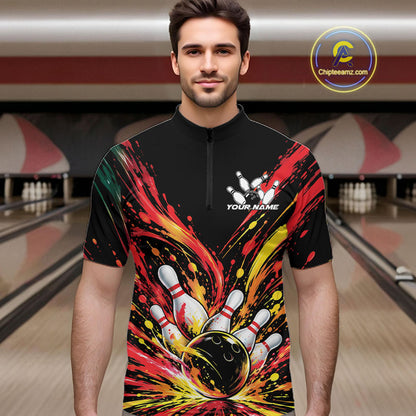 Custom Red Orange Splatter Men Quarter Zip Bowling Shirt, Bowling League Matching Team Shirt IPHW12398