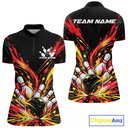 Custom Red Orange Splatter Women Quarter-Zip Bowling Shirt, Bowling League Team Shirt IPHW12398
