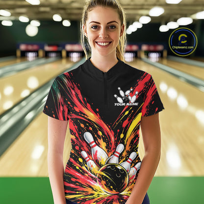 Custom Red Orange Splatter Women Quarter-Zip Bowling Shirt, Bowling League Team Shirt IPHW12398