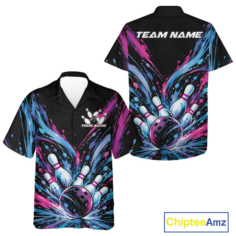 Custom Blue Purple Pink Splatter Men And Women Button Up Bowling Shirt, Bowling Matching Team Shirt IPHW12399
