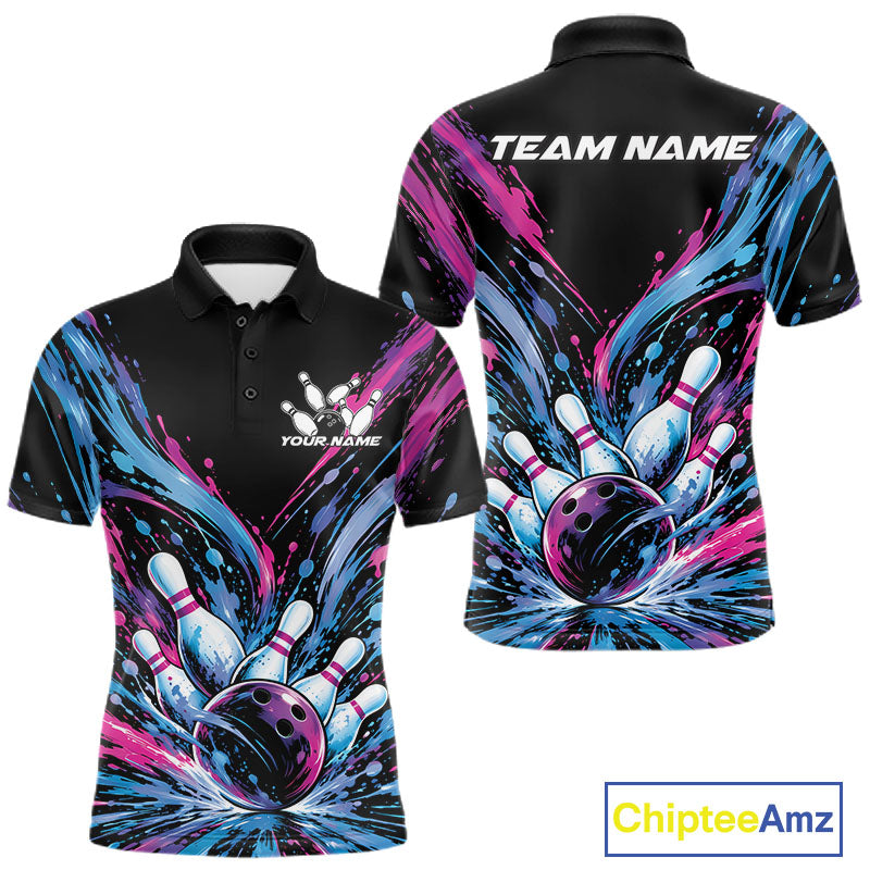 Custom Blue Purple Pink Splatter Men Polo Bowling Shirt, Bowling Matching Team Shirt IPHW12399