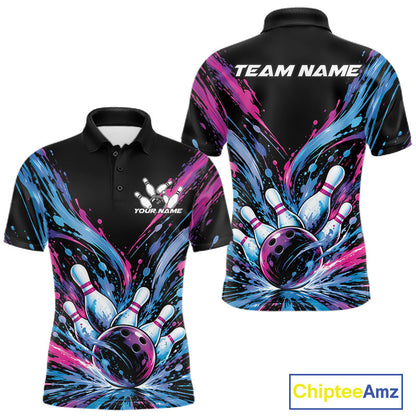 Custom Blue Purple Pink Splatter Men Polo Bowling Shirt, Bowling Matching Team Shirt IPHW12399
