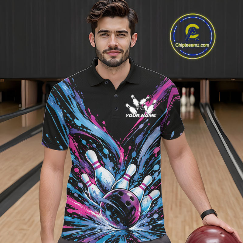 Custom Blue Purple Pink Splatter Men Polo Bowling Shirt, Bowling Matching Team Shirt IPHW12399