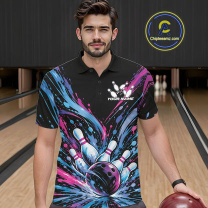 Custom Blue Purple Pink Splatter Men Polo Bowling Shirt, Bowling Matching Team Shirt IPHW12399