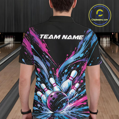 Custom Blue Purple Pink Splatter Men Polo Bowling Shirt, Bowling Matching Team Shirt IPHW12399