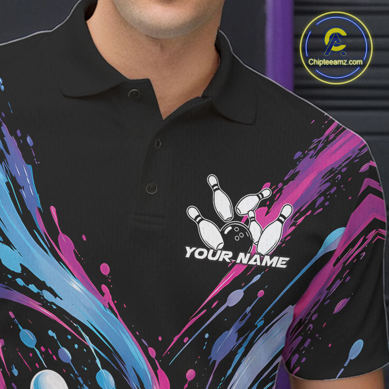 Custom Blue Purple Pink Splatter Men Polo Bowling Shirt, Bowling Matching Team Shirt IPHW12399