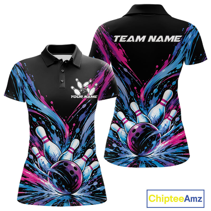 Custom Blue Purple Pink Splatter Women Polo Bowling Shirt, Bowling Matching Team Shirt IPHW12399