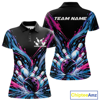 Custom Blue Purple Pink Splatter Women Polo Bowling Shirt, Bowling Matching Team Shirt IPHW12399