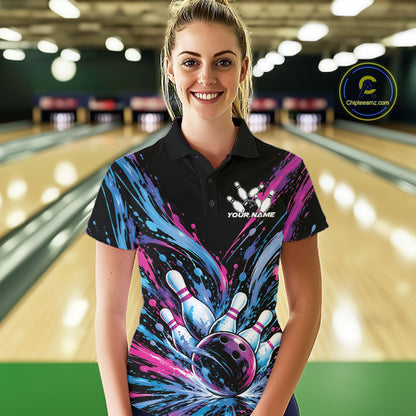 Custom Blue Purple Pink Splatter Women Polo Bowling Shirt, Bowling Matching Team Shirt IPHW12399
