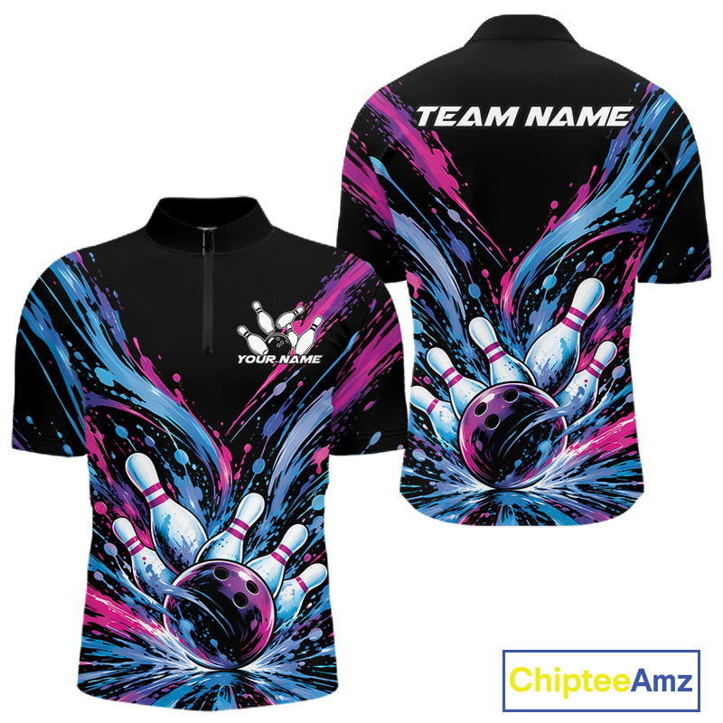 Custom Blue Purple Pink Splatter Men Quarter Zip Bowling Shirt, Bowling Matching Team Shirt IPHW12399