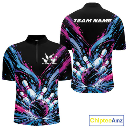 Custom Blue Purple Pink Splatter Men Quarter Zip Bowling Shirt, Bowling Matching Team Shirt IPHW12399