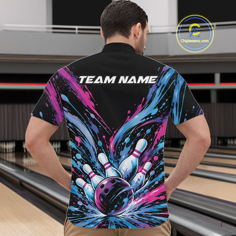 Custom Blue Purple Pink Splatter Men Quarter Zip Bowling Shirt, Bowling Matching Team Shirt IPHW12399